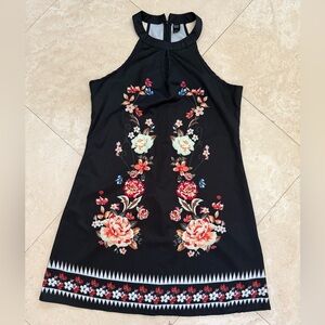 Emery Rose Black Floral Halter Neck Dress Keyhole Back A-Line Large